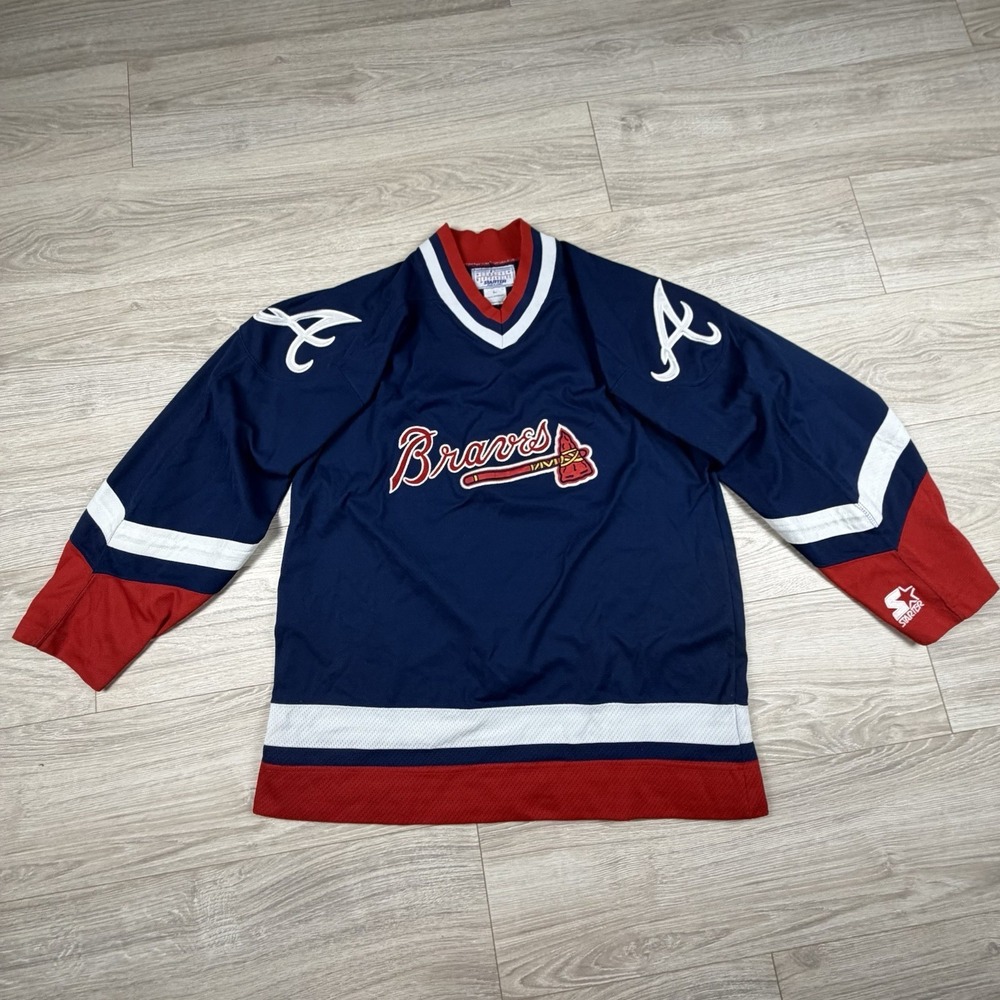 Vintage Starter Atlanta Braves MLB Hockey Jersey Navy Blue Red‎ Mens L 90s Rare